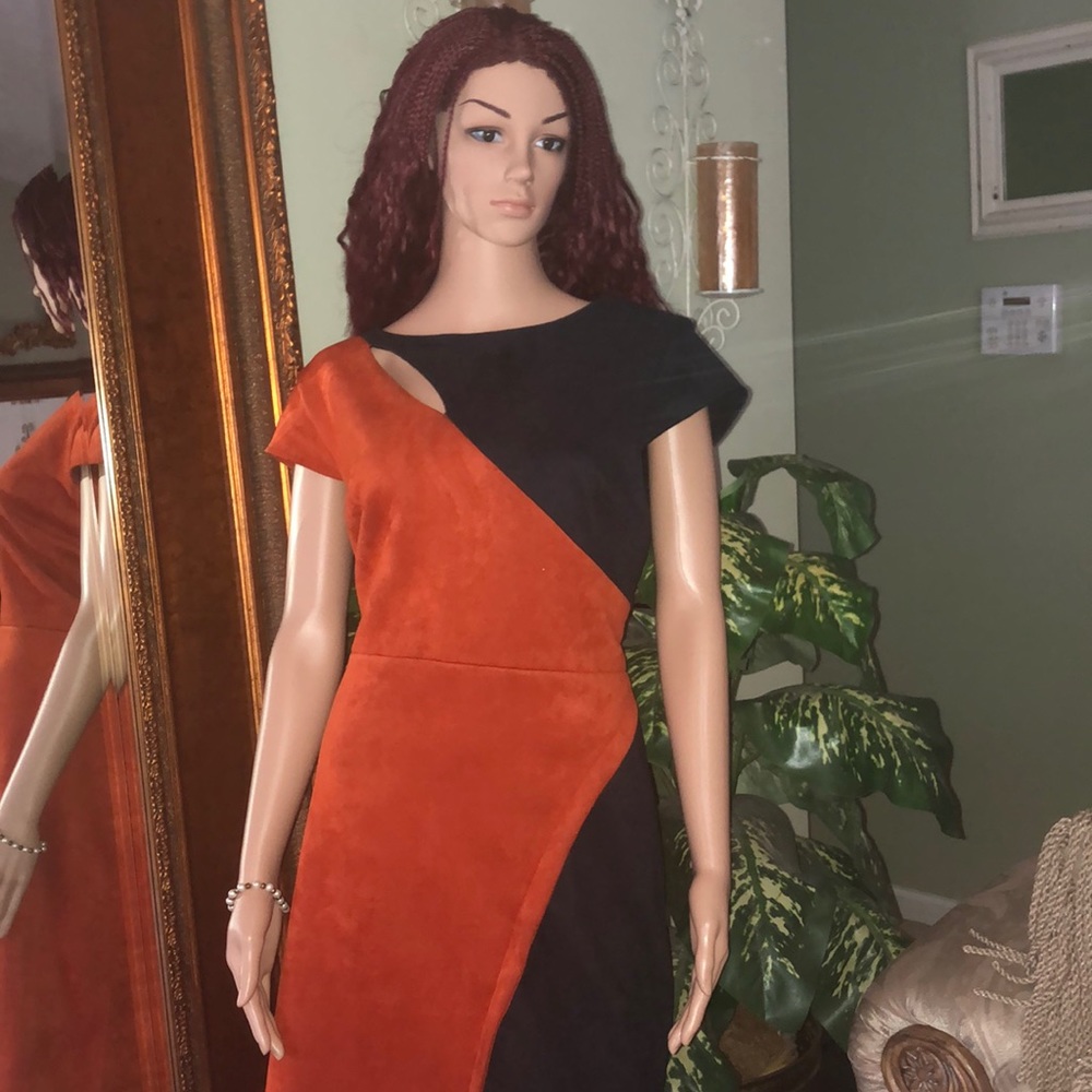 Bronze and dark blue dress.